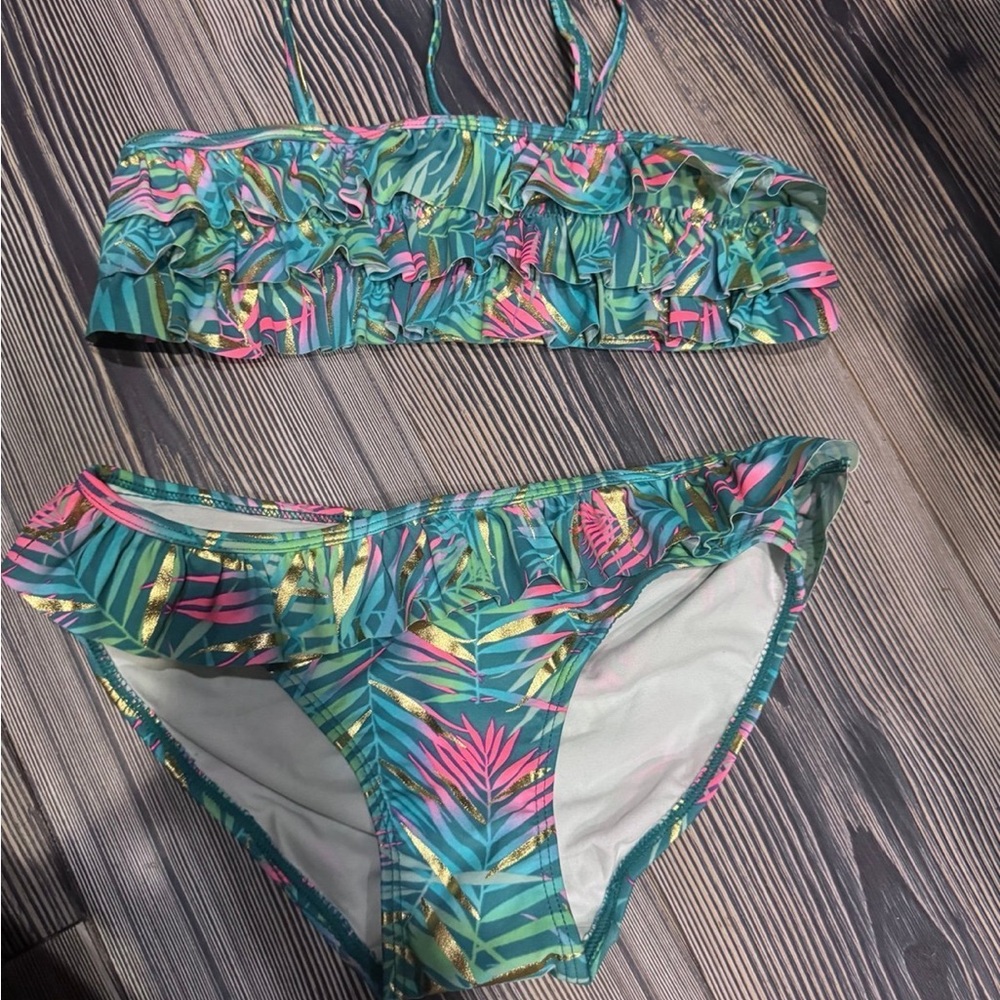 H&M Green and Pink kids Tropical Bikini Swimwear 10-12y NWT